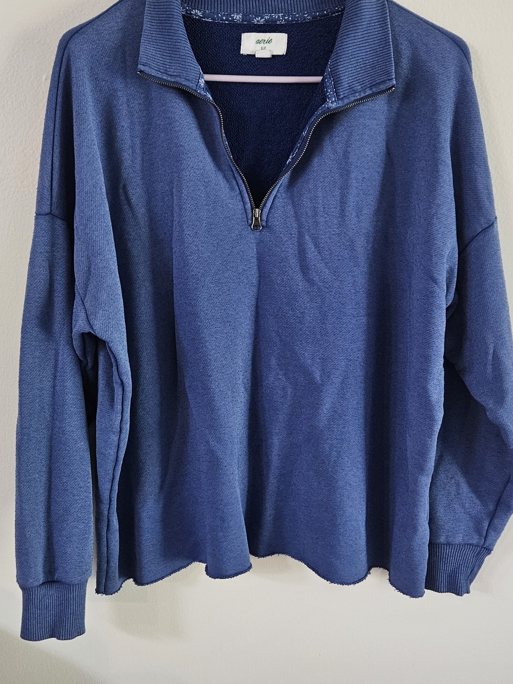 aerie Women's Blue Quarter-Zip Oversized Pullover Sweater. Fall, Athletic, Cozy